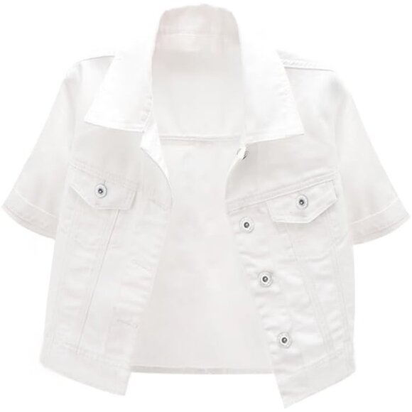 🆕Women White Short Sleeve Slim Crop Denim Trucker Jacket Jean Coat Tops